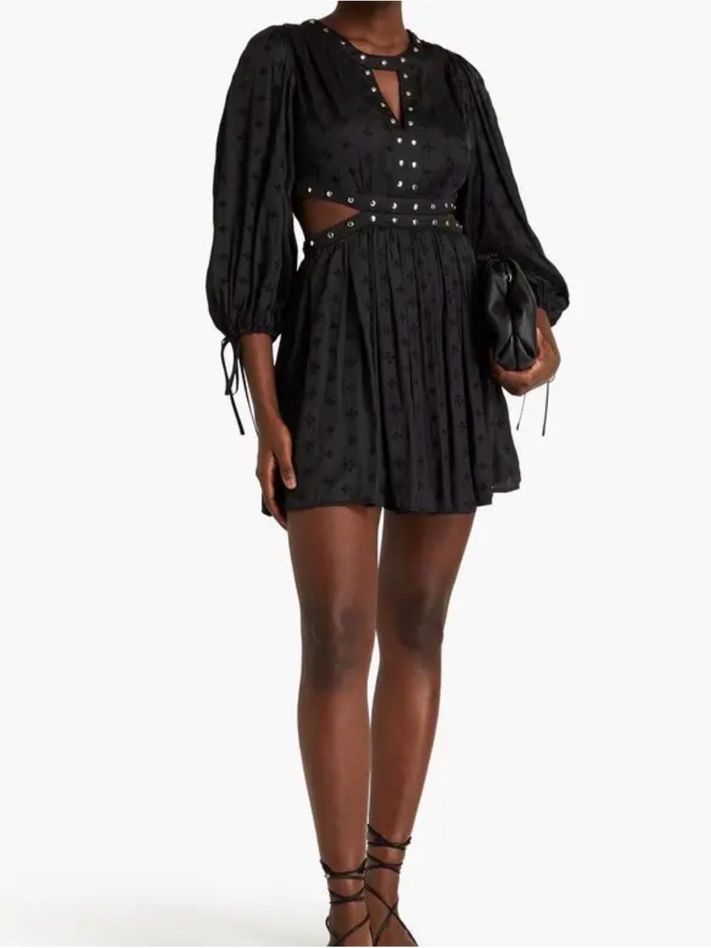 Maje Black Stud-Trim Cutout Mini Dress with Balloon Sleeves